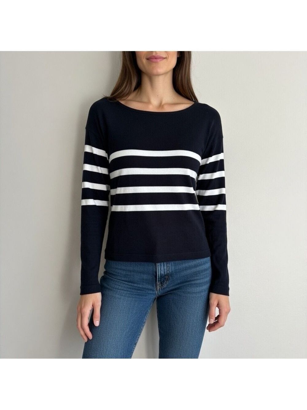 Faherty Navy White Striped Boatneck Long Sleeve Tee XS Soft Cotton